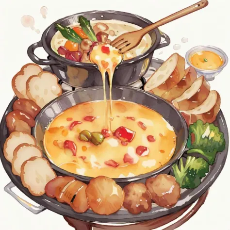 An inviting scene of a cheese fondue set in watercolor style. The central focus is a bubbling pot of rich, golden melted cheese,...