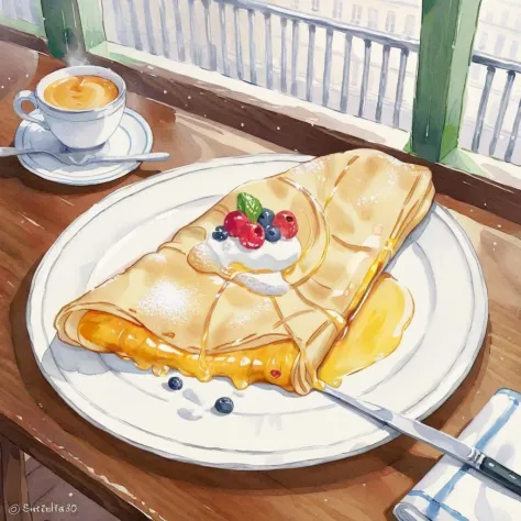An exquisite French crêpe, presented in a vibrant watercolor style. The crêpe is delicately thin and lightly golden, filled with...