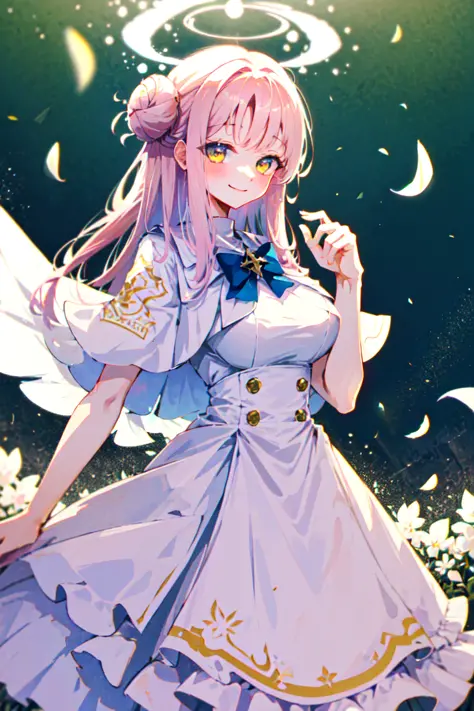 masterpiece, best quality, highres, 1girl, <lora:MikaMisono_v09Beta:0.8>, white capelet, white bow, white dress, pink hair, yell...
