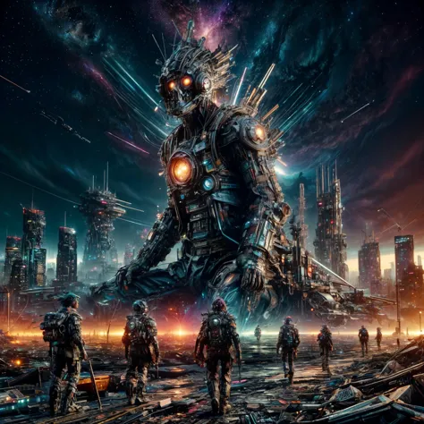 a group of people standing in front of a city with a giant robot