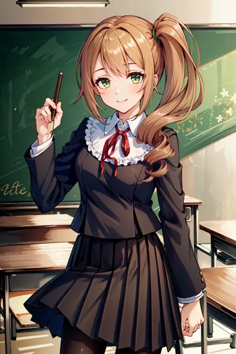 anime girl in school uniform holding a pencil and a blackboard