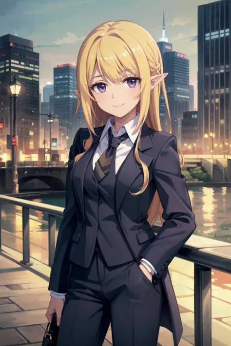 anime girl in a suit standing on a bridge in a city