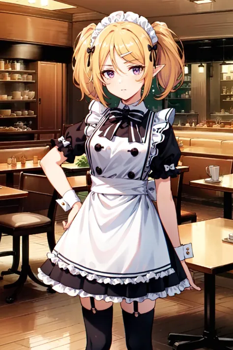 anime maid in a restaurant with a plate of food