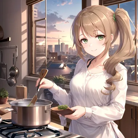 masterpiece, (best qulaity:1.3), 8K, wallpaper, depth of field, beautiful detailed eyes, (1girl, chloereal, side ponytail, brown hair, green eyes, smile, medium breasts, upper body, (cityscape, sky), window, indoors, collarbone, (kitchen, cooking:1.3), long sleeves, (white shirt:1.15)) <lora:Chloe-v2:0.8>