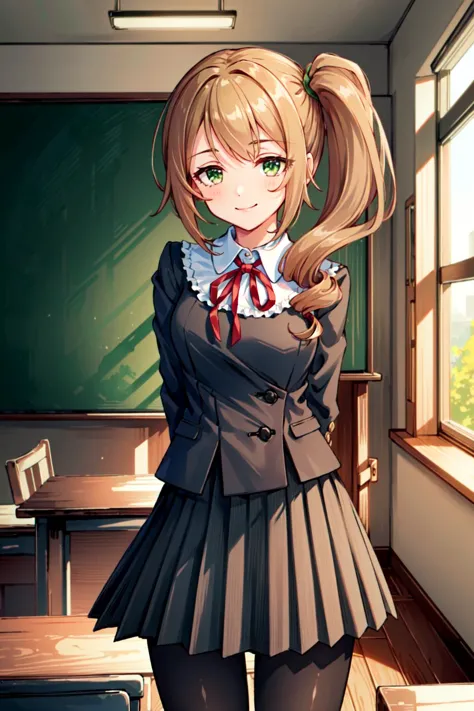 anime girl in school uniform standing in front of a blackboard