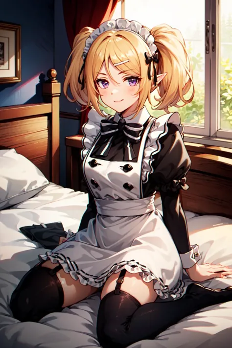 anime maid sitting on a bed with a window in the background