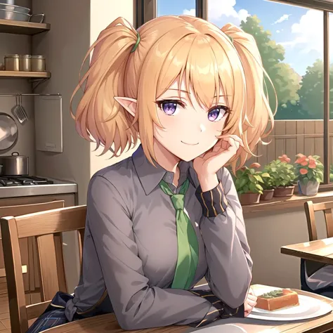 anime girl sitting at a table with a plate of food