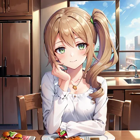 anime girl sitting at a table with a plate of food