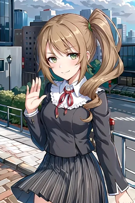 anime girl with ponytail in a school uniform waving