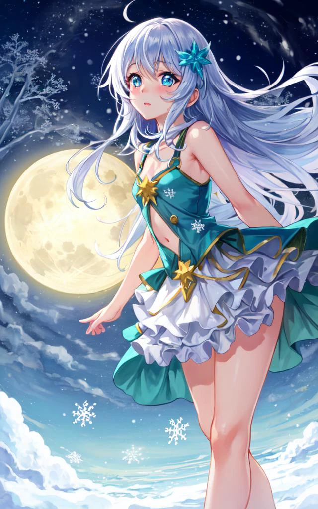 silver hiar blue eyes, kawaii petit  childish innocent ankle-biter 1girl 8yo, star-shaped pupils small_star symbol in the pupils and iris, ((skindantation)) ((flat chest)) +++, from below , fantastic moonlit night, light coming in, big full moon background shadow night, floating beautiful detailed sky, an detailed very close to viewers focus on face messy long hair lens flare,light leaks detailed beautiful Snow Forest with Trees spirit ((Snowflakes)),floating sand flow,navel, backlighting deep shadows, transparent , +++ extremely quality extremely detailed deep-silky-healthy-lackwarm-foundational-soft-skin, illustration high resolution, contrapposto glow shine like opal, hiqcgbody ++ Faint lips,UC:realistic cute anime face cinematic angle Girl at the front dynamic pose, face to tiptoe , aqua frilled intricate long_skirt pannier bustier corset crinoline stockings:1.5 high_heels_sandals double-breasted,underbust