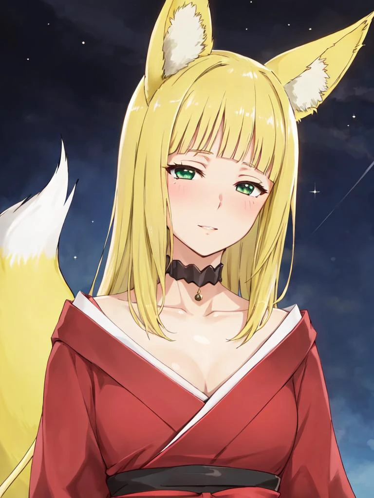haruhime 1girl, blond hair fox_ears huge fox tail long hair blunt_bangs shiny hair, green_eyes sleepy eyes, eyeliner blush medium breasts skindantation choker +++  collarbone,red kimono, japanese_clothes, half off_shoulder   smile , +++ masterpiece extremely quality extremely detailed absurdres deep-silky-healthy-lackwarm-foundational-soft-skin ultra detailed hair ultra detailed eyes ultra detailed face high resolution, contrapposto glow shine like opal magnificent perfect realistic:1.3 ray trace depth of field ++ Faint lips,UC:realistic, cute anime face cinematic lighting cinematic angle Girl at the front single focus dynamic pose hiqcgbody