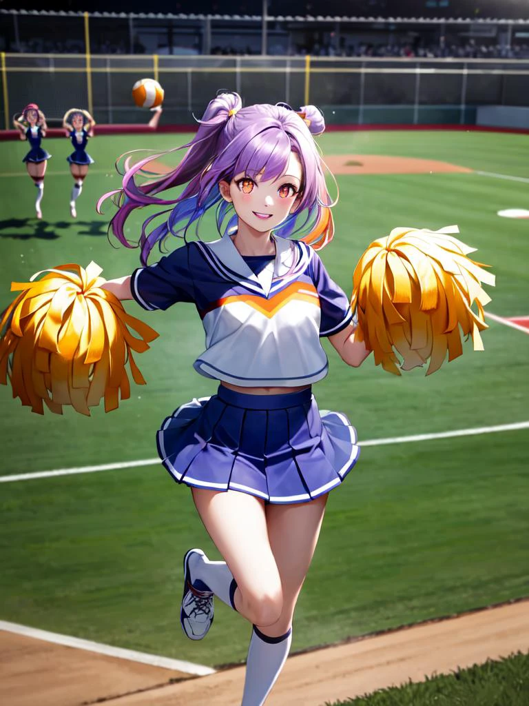 best quality, high detailed, Faint lips,UC:realistic, cinematic lighting  1girl purple hair orange eyes, seductive pupils sparkling school_Uniform,  wide shot from above , cheerleader uniform, skirt, vivid multicolored pom_pom_(cheerleading):1.5 in both hands, smile, ground turf outdoor baseball park,  ((jumping floating hair)) head up hands aerial