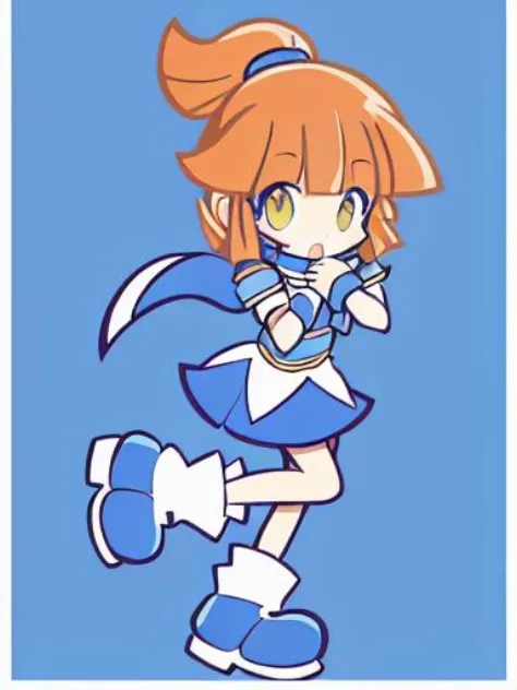 <lora:arle:0.7> arle nadja kawaii petit cute girl yellow eyes brown hair,half updo short topknot blue skirt, blue short sleeves, blue breast armor, white shirt, wrist cuffs blue capelet blue boots :> style parody