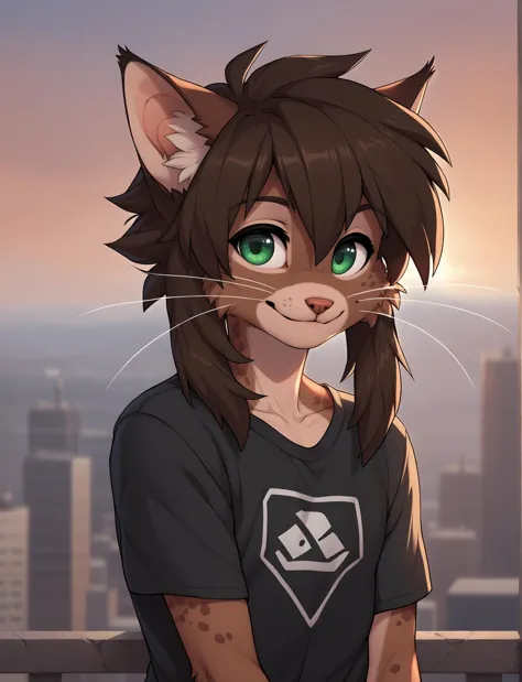 a cartoon cat with green eyes and a black shirt