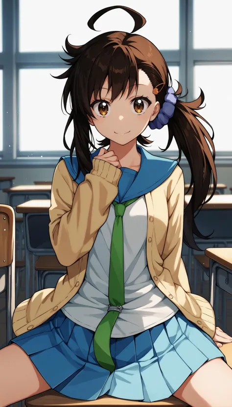 anime girl sitting in a classroom with her hand on her chin