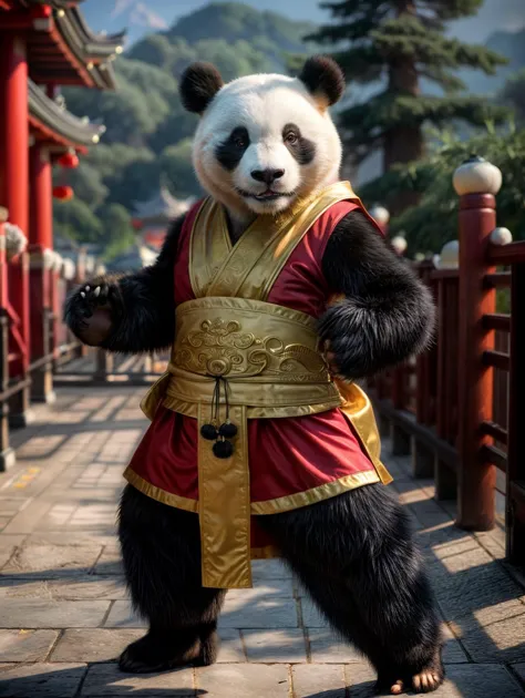 (panda, kungfu, kung fu panda, chinese temple, pants, robe, fat, cute :1.3),full body, best quality, realistic style, Photoreali...