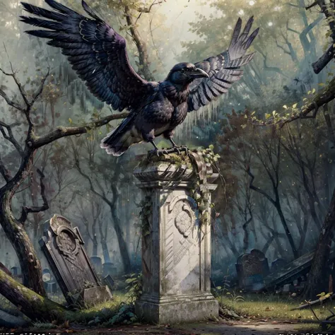 painting of a raven sitting on a grave in a forest