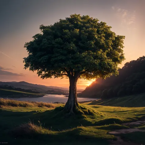 detalhado, Visualmente deslumbrante, fotografia, pôr do sol, árvore verde, iluminação cinematográfica, escalas, corpo, absurdos, mobiliário minimalista moderno, ((Sozinho)), alongamento de paisagem, obra-prima premiada com detalhes incríveis