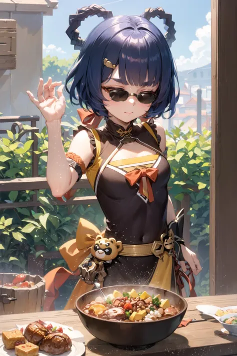 anime girl with blue hair and glasses standing in front of a table with food