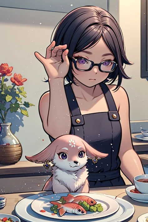 anime girl with glasses and a dog sitting at a table