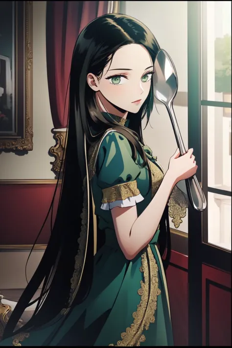 a woman in a green dress holding a spoon and a spoon