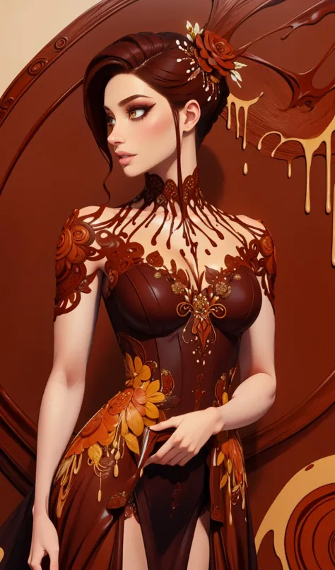 there is a woman in a corset dress standing in front of a chocolate wall