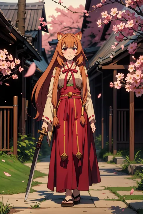 1girl, solo, full body, miko, shinto,(bright white) haori, action pose, long red hakama skirt, long obi:1.2, white tabi, sandals, <lora:Char_trsh-Raphtalia:0.75> pikkyraphtalia, 1girl, solo, looking at viewer, brown hair, long hair, very long hair, bangs, blunt bangs, pink eyes, breasts, medium breasts, raccoon girl, animal ears, raccoon ears, raccoon tail, tail,   traditional design, angry, serene garden setting, cherry blossoms, sunset hues, vibrant, detailed, 8k resolution, holding katana, sheath,