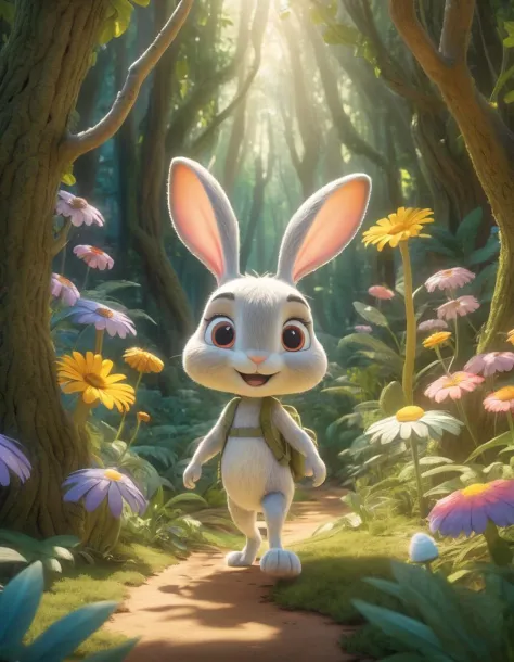 Un après-midi ensoleillé dans une forêt magique où un lapin anthropomorphe explorateur rencontre des fées de la forêt. Rendu dans le style Pixar avec des plantes abondantes, fleurs, temps idyllique, et éclairage volumétrique pendant l&#39;heure d&#39;or.
, détaillé, Réaliste, 8k euh, Haute qualité