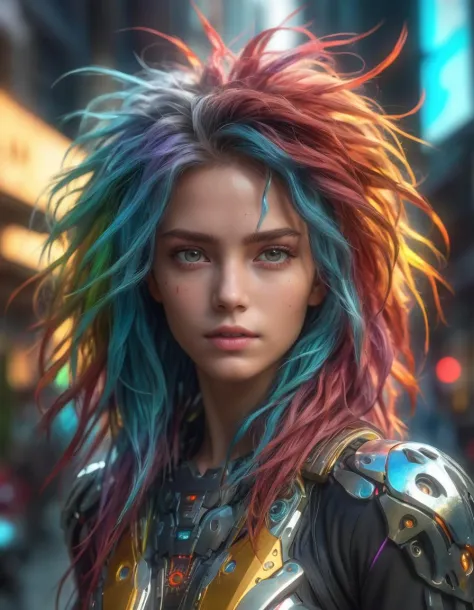 (masterpiece:1.1), (highest quality:1.1), (HDR:1.0), girl with really wild hair, mane, multicolored hairlighting, (from front:0....