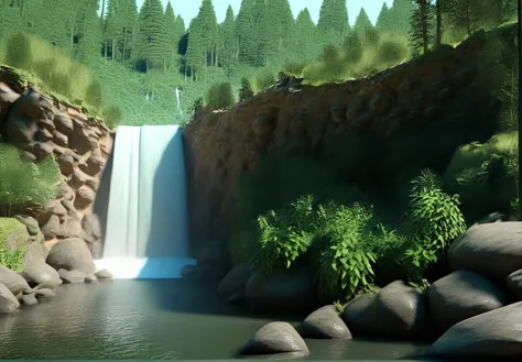 score_9, score_8_up, score_7_up, score_6_up, score_5_up, score_4_up, rating_safe,source_3d,no humans,outdoors,no humans,landscape, forest with a small creek with a waterfall and rocks and some plants