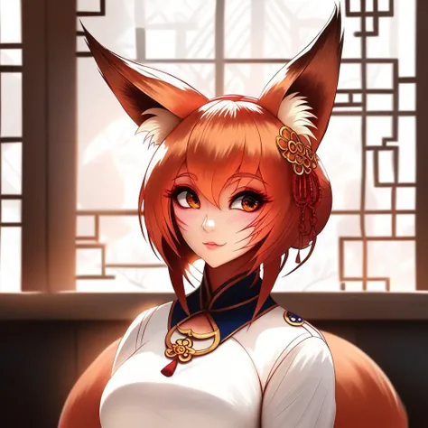 anime girl with red hair and a white shirt with a fox headband