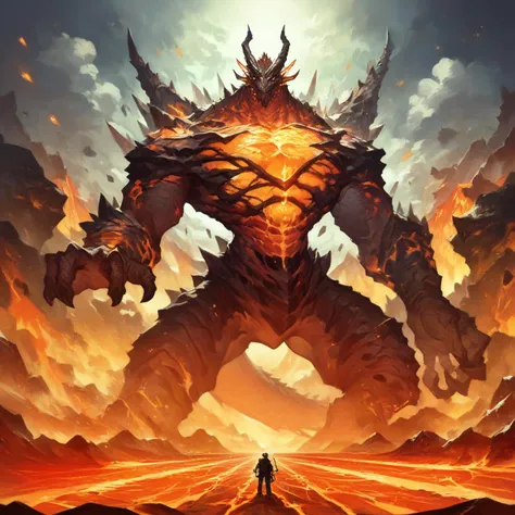 a man standing in front of a giant demonic creature in a desert