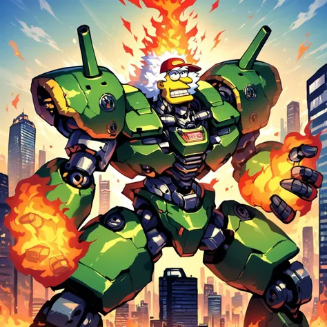 a cartoon picture of a robot with a fire in the background