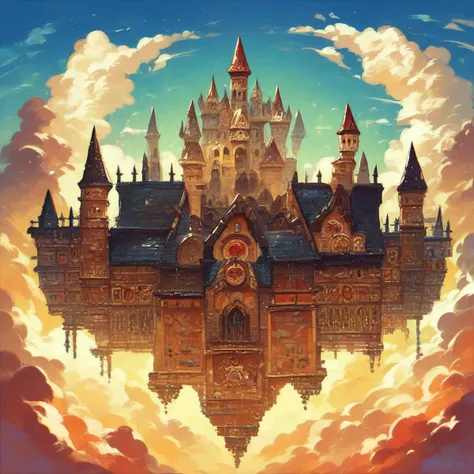 a painting of a castle in the sky with clouds