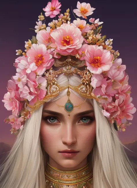 (symmetry:1.1) (portrait of floral:1.05) a woman as a beautiful goddess, (assassins creed style:0.8), pink and gold and opal col...