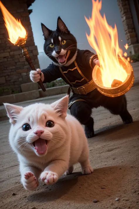 (poorly lit:1.1) photo of a cute cat mage chasing a pig, glowing fire sword, staff, dramatic lighting, dynamic pose, dynamic cam...
