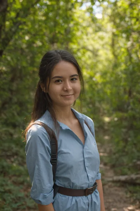 a perfect well-lit (closeup:1.15) (medium shot portrait:0.6) photograph of a beautiful woman standing on the hiking trail, weari...