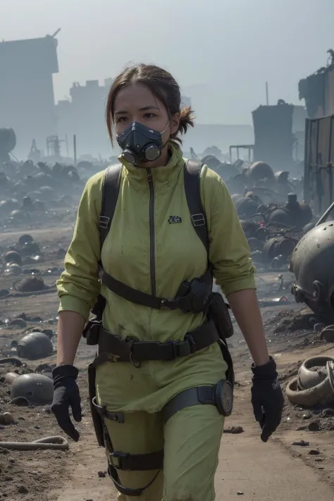 A perfect photo of a woman wearing a respirator wandering through the (toxic wasteland:1.3)
