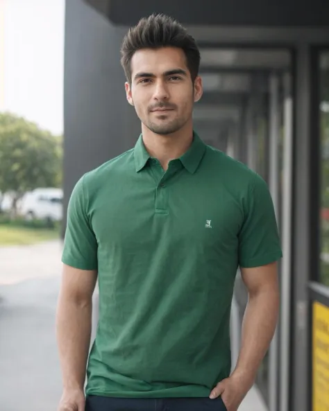 A perfect photograph of a man wearing a green shirt