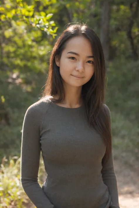 a perfect well-lit (closeup:1.15) (medium shot portrait:0.6) photograph of a beautiful woman standing on the hiking trail, wearing an intriguing outfit, looking at me, coy slight smile