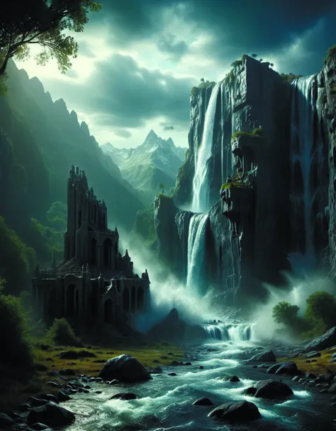 epic landscape with large mountains and pillars of rock emerging from the ground,with large epic waterfall,cinematic,light mist,...