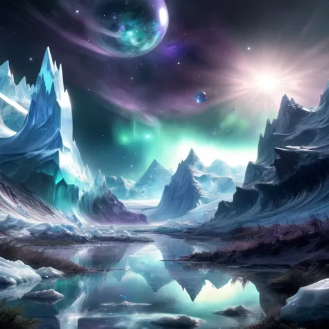 ((best quality)), ((masterpiece)), ((realistic,digital art)), (hyper detailed),DonMC3l3st14l3xpl0r3rsXL  Glaciers Play of Light ...