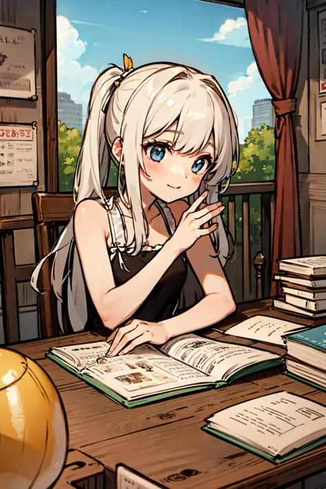 anime girl sitting at a table with a book and a globe