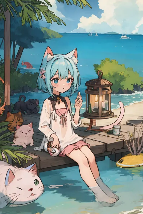 anime girl sitting on a dock with a cat and a lantern