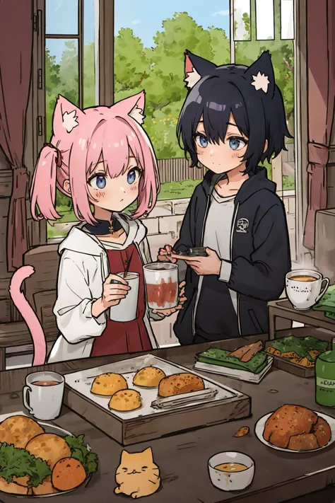 anime characters sitting at a table with food and drinks