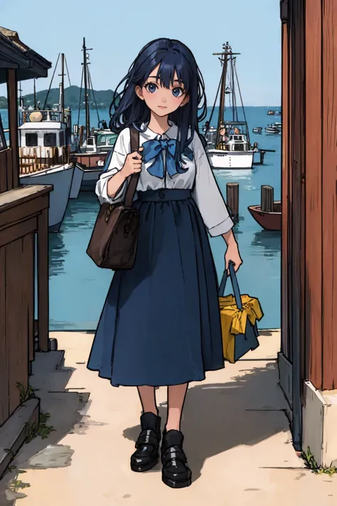 anime girl in a school uniform walking down a walkway