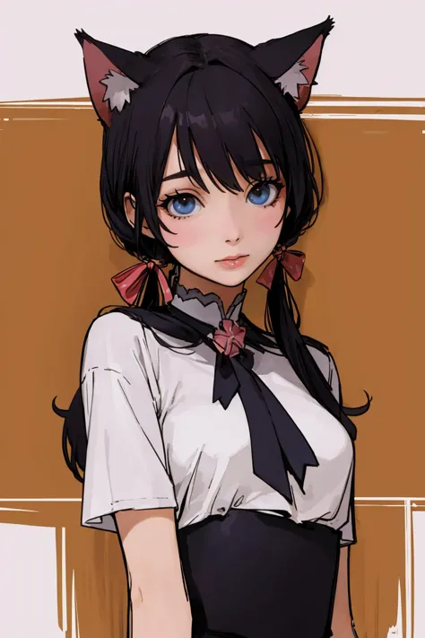 anime girl with black hair and blue eyes wearing a white shirt