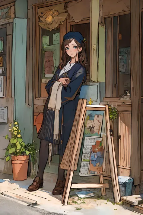 anime girl standing in front of a store with a sign