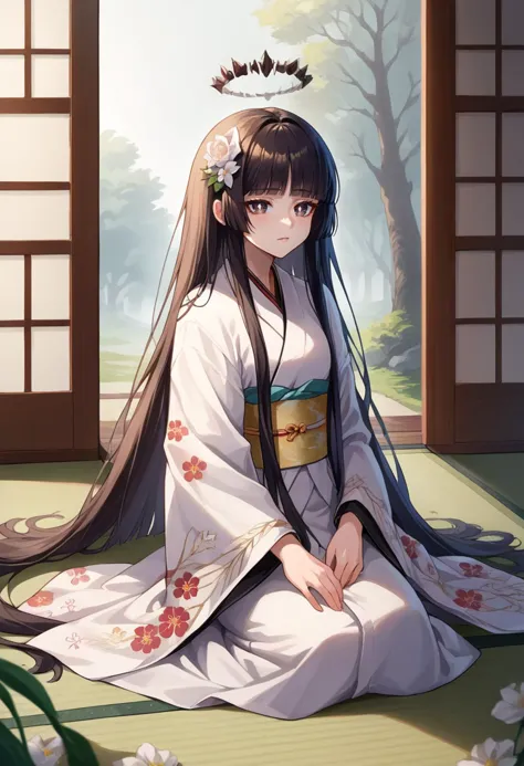 score_9, score_8_up, source_anime, 1girl, solo, VirtuosaBase, white pupils, long hair, hime cut, broken halo, indoors, kimono, hair flower, floral print, wariza, kneeling, 