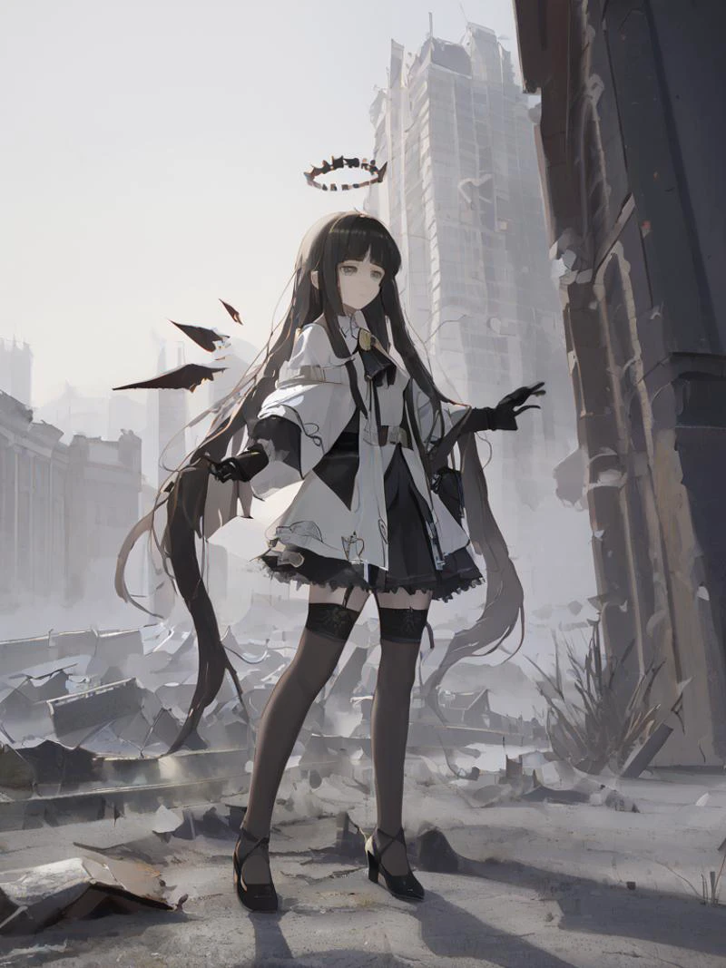 score_9, score_8_up, source_anime, 
1girl, solo, VirtuosaBase, white pupils, long hair, hime cut, broken halo, black ascot, white shirt, capelet, black sleeves, black gloves, belt, black skirt, garter straps, black thighhighs, black high heels, energy wings, outdoors, city ruin, urban, rubble, expressionless, 
 scenery